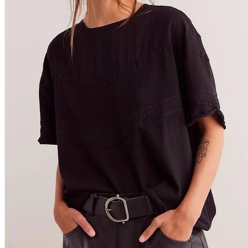 Free People We The Free Dorothy Tee Tunic Top Oversized Lace Black M 287450